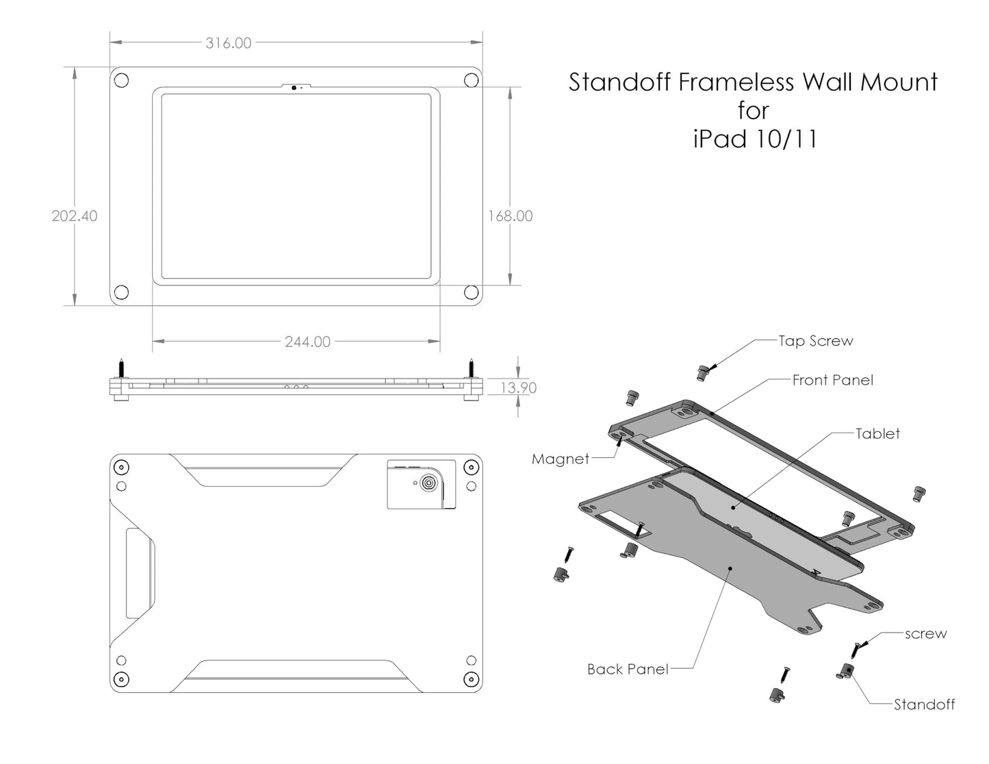 TABcare Acrylic Wall Mount Floating Frameless Display with Metal Standoff for iPad 10 10.9, 11 A16 Tablet (Black, iPad 10/11)