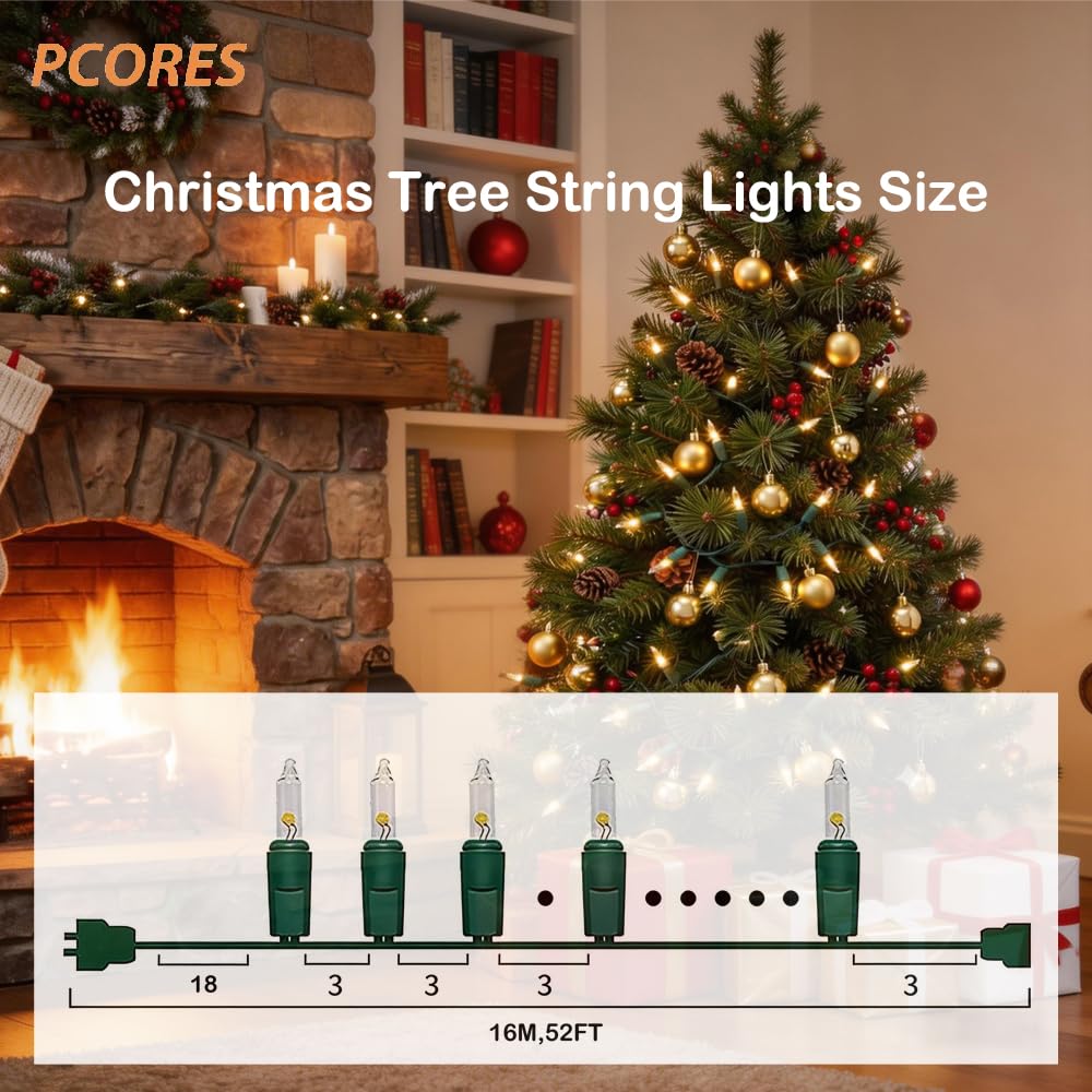 PCORES Mini Clear Christmas String Lights 52ft 200LED Warm White Outdoor String Lights, Fairy Lights Connectable Green Wire UL Certified (Includes 2