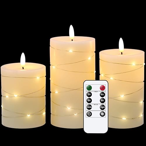 Eldnacele Flameless Candles Battery Operated with Remote and Timer, 3D Wick Flickering Embedded String Lights Real Wax LED Pillar Candles Christmas