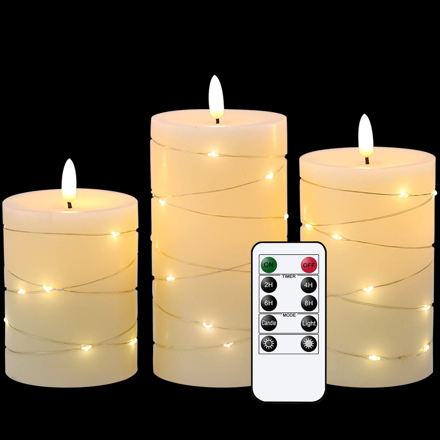Eldnacele Flameless Candles Battery Operated with Remote and Timer, 3D Wick Flickering Embedded String Lights Real Wax LED Pillar Candles Christmas