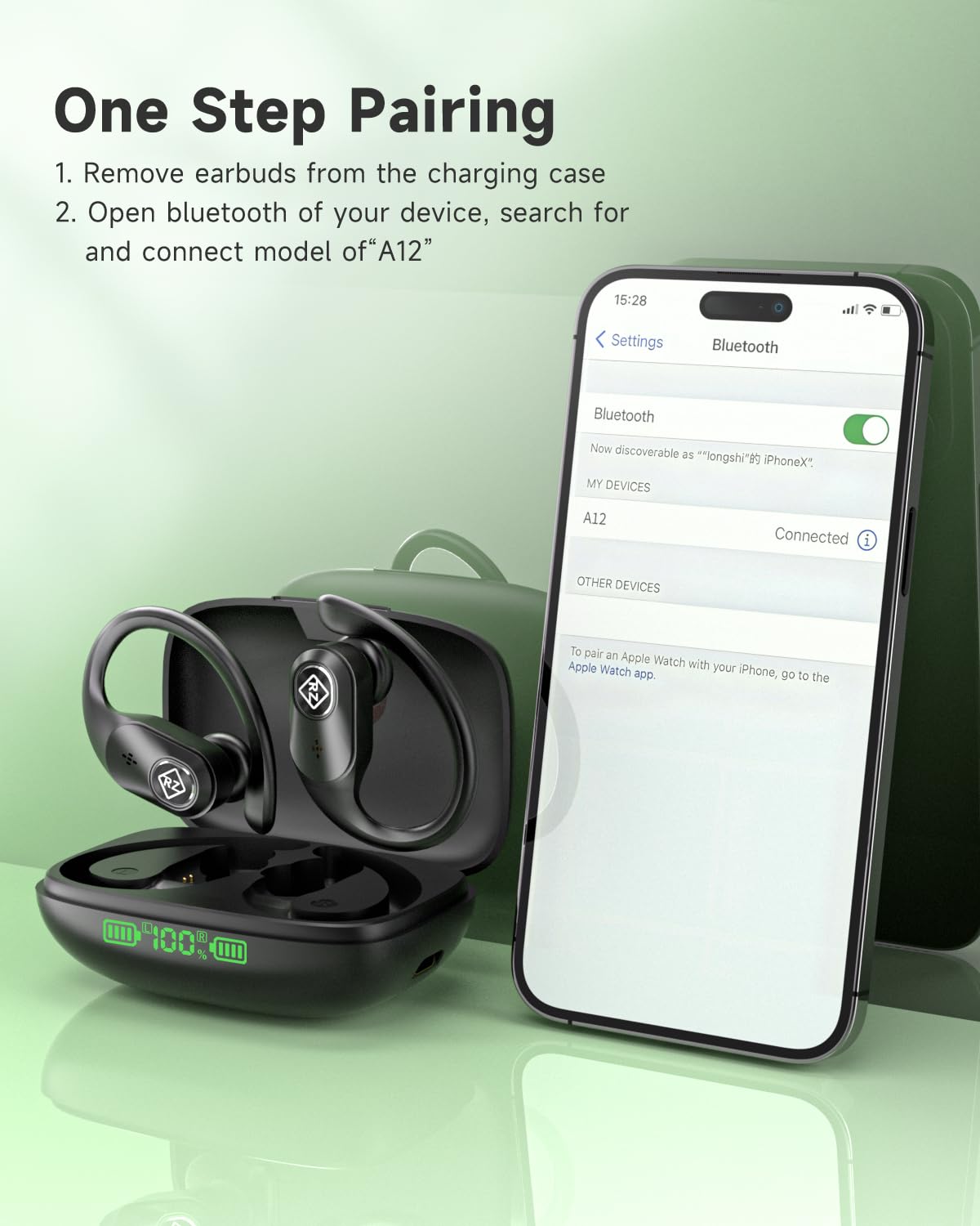 Wireless Earbuds Bluetooth Headphones 96H Playtime LED Display Waterproof Built in Mic Deep Bass Sound Secure Over Ear buds Earhooks for iPhone…