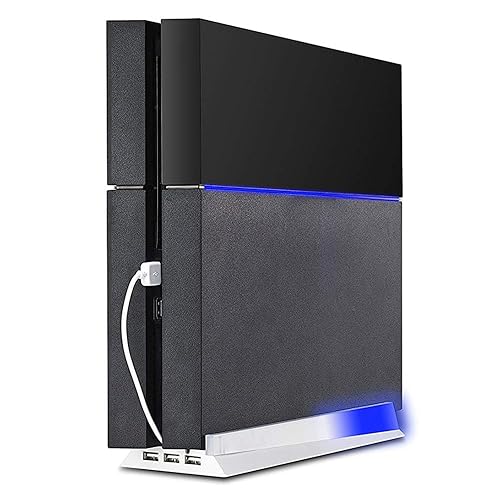 KlsyChry Vertical Stand for PS4 White, Blue Light Base Led Bracket Mount Holder Stand for PS4 PlayStation 4 Console with 3 USB Hub Ports -White