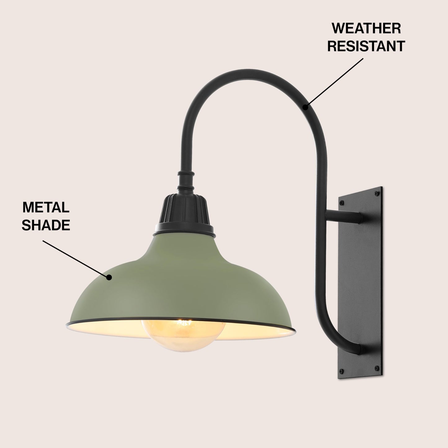 JONATHAN Y 12.25" Matte Olive Green/Black 1-Light Farmhouse Gooseneck Outdoor Wall Sconce Lamp, with Black Metal Bowl Shade, Industrial Iron LED Porch