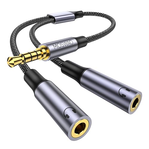 MOSWAG Headphone Splitter, Strong Braided & Gold-Plated 3.5mm TRRS Splitter for 2 Headphones, 3.5mm Stereo Audio Y Splitter Dual Headphone Jack
