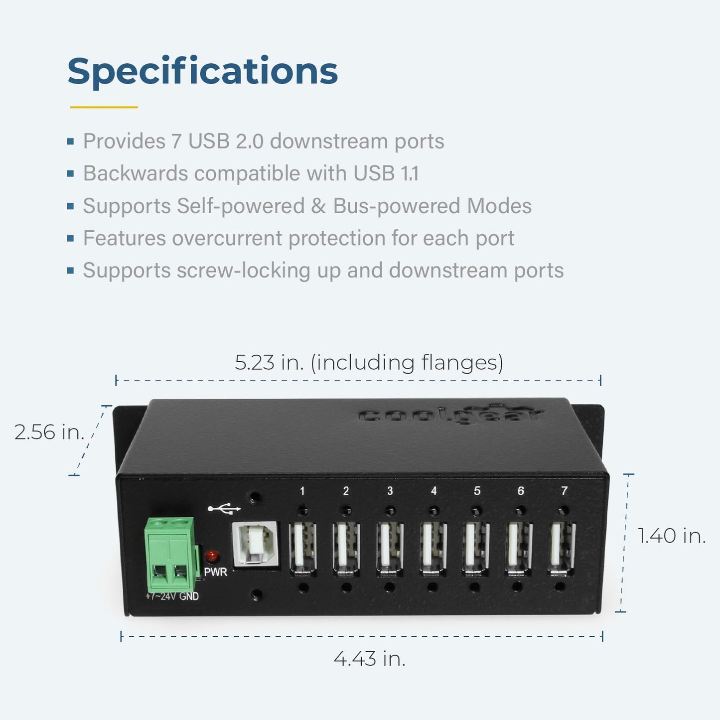 Coolgear Industrial 7 Port USB 2.0 Hub with NEC Chip, Surge Protection, Screw Lock Ports for Secure Connections, Surface & DIN Rail Mount Ready