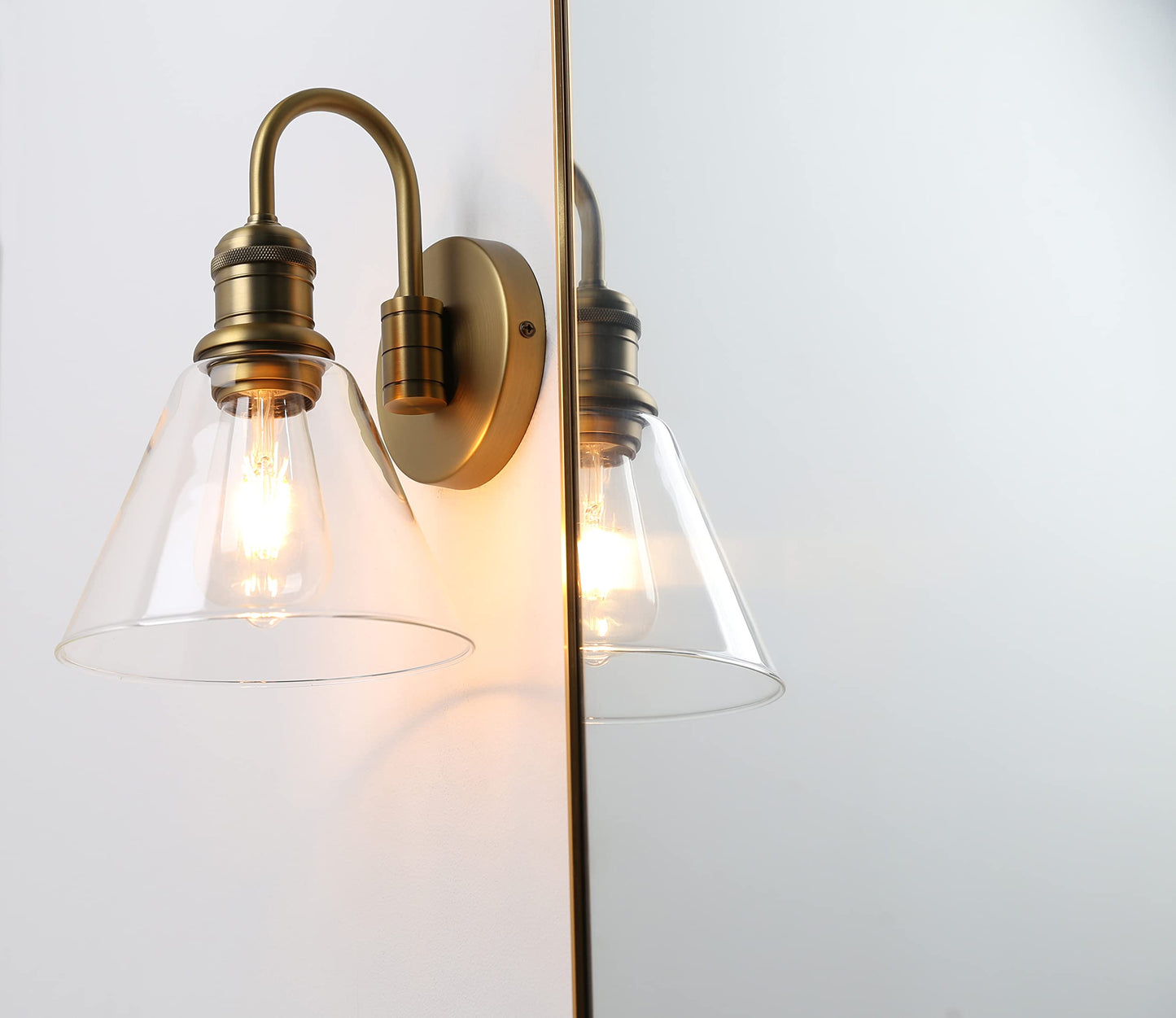 Yosoan 1-Light Brass Modern Vintage Indoor Wall Sconce, Vanity Single Luxury Hardwired Retro Textured Clear Funnel Flared Glass Shade with Industrial