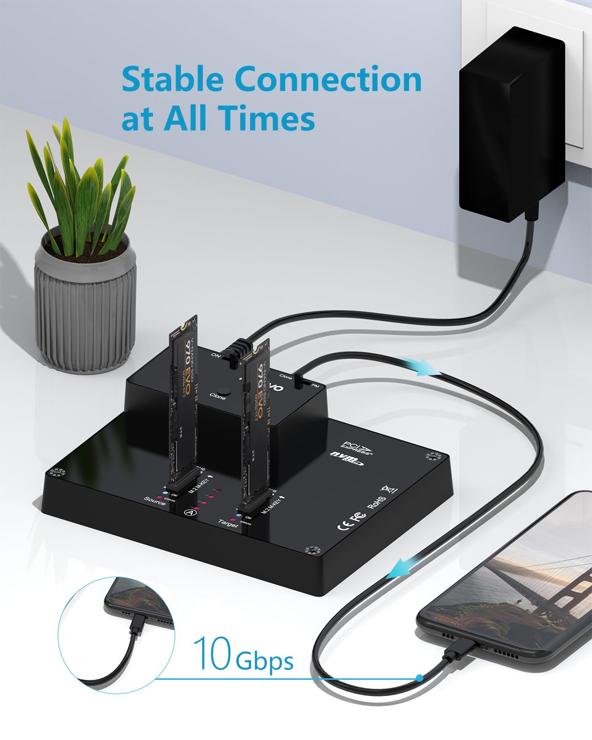 MAIWO K3015P Portable Dual Bay M.2 NVME Docking Station, Tool-Free Type-C10Gbps NVME SSD External Enclosure, with Offline Clone duplicator and System