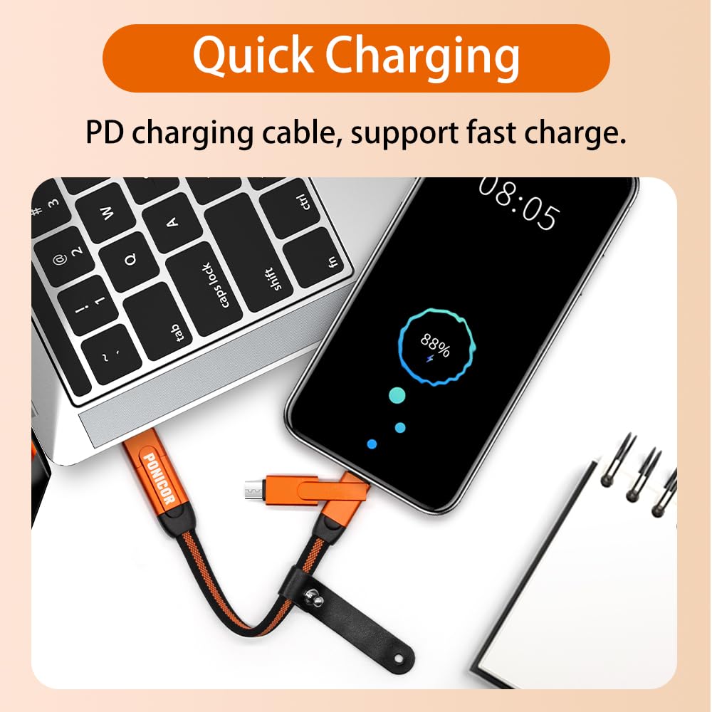 PONICOR 6 in 1 Short Keychain Multi Charging Cable 3A Fast Charger Cord, Nylon Braided USB C Cable for Travel, Universal Charging Cable for Cell