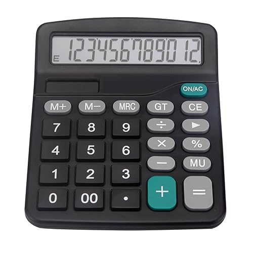 Desk Calculator, Basic Office Calculator with 12 Digits Large Display, Dual Solar Power and Battery, 4 Function Simple Calculation, Big Button