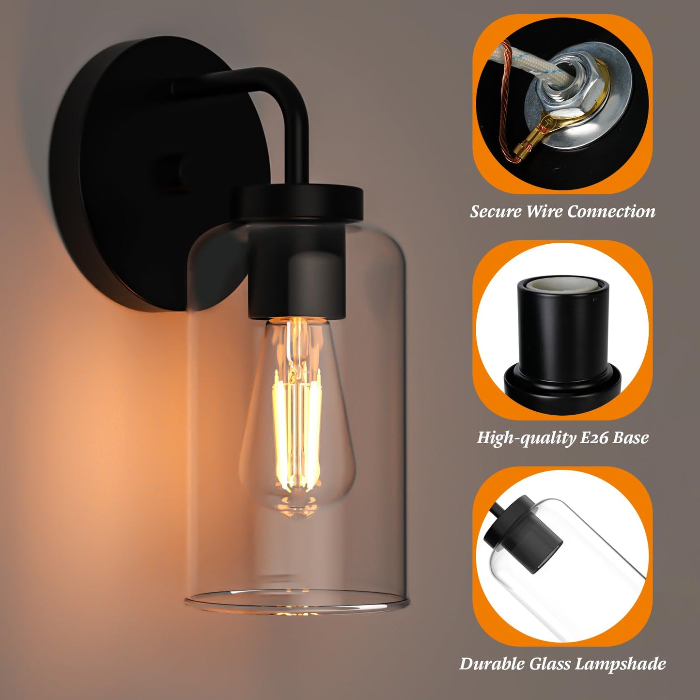 Zevluck Wall Sconces Set of 2, Modern Wall Light Fixtures with Clear Glass Shade, Matte Black Bathroom Vanity Light, Hardwired Vanity Wall Lamps