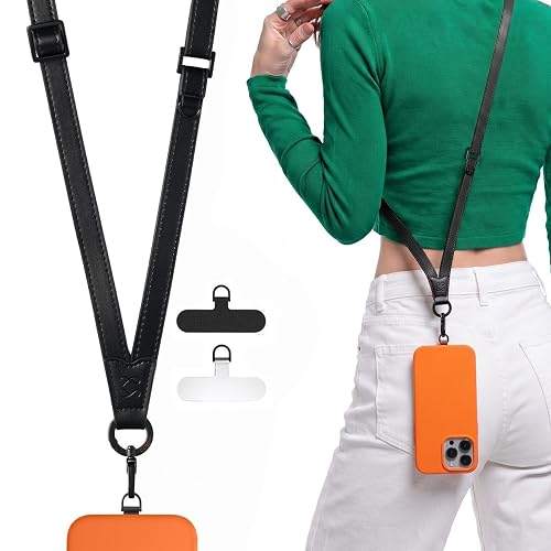 C Coiro Premium Leather Phone Strap Crossbody with 2 Tabs, Universal Adjustable Clip and Go Phone Strap, Neck Lanyard for Daily & Outdoor, Compatible