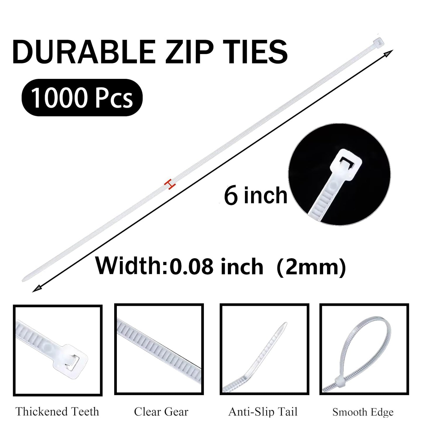 Magicorange Zip Ties 1000 Pack, 6 inch Cable Tie Self Locking Wire Cable Zip Nylon Zip Tie (White)