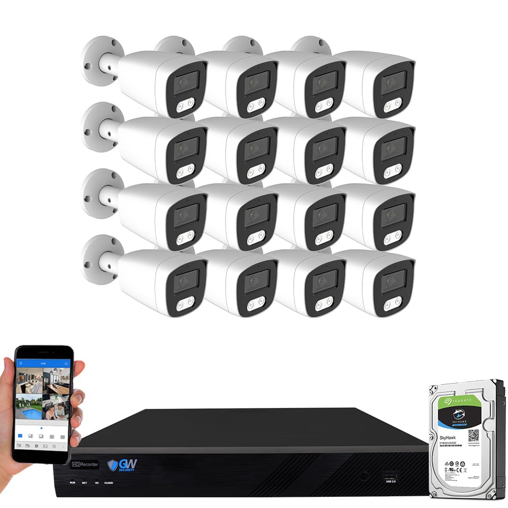 GW Security 8MP Full Time Color Night Vision Security Camera System with AI Face/Human/Vehicle Detection, 16CH 4K DVR and 16 x 3840TVL 8MP Outdoor