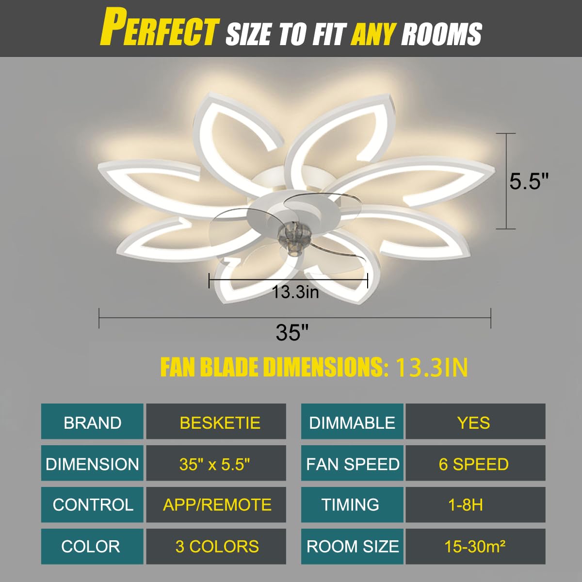 BESKETIE Ceiling Fan with Lights, 35'' Bladeless, Low Profile, Flush Mount, 3 Color Dimmable LED, 6 Speeds, Remote & APP Control, Modern Design