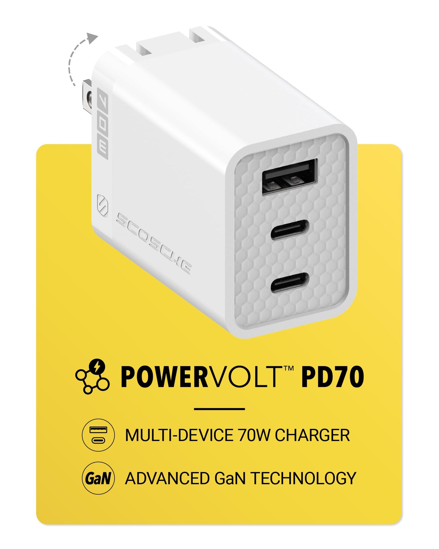 Scosche PowerVolt 70W Fast Charging Compact 3-Port Wall Charger Block, Dual USB-C & USB-A GaN Power Delivery Adapter with Foldable Plug for iPhone