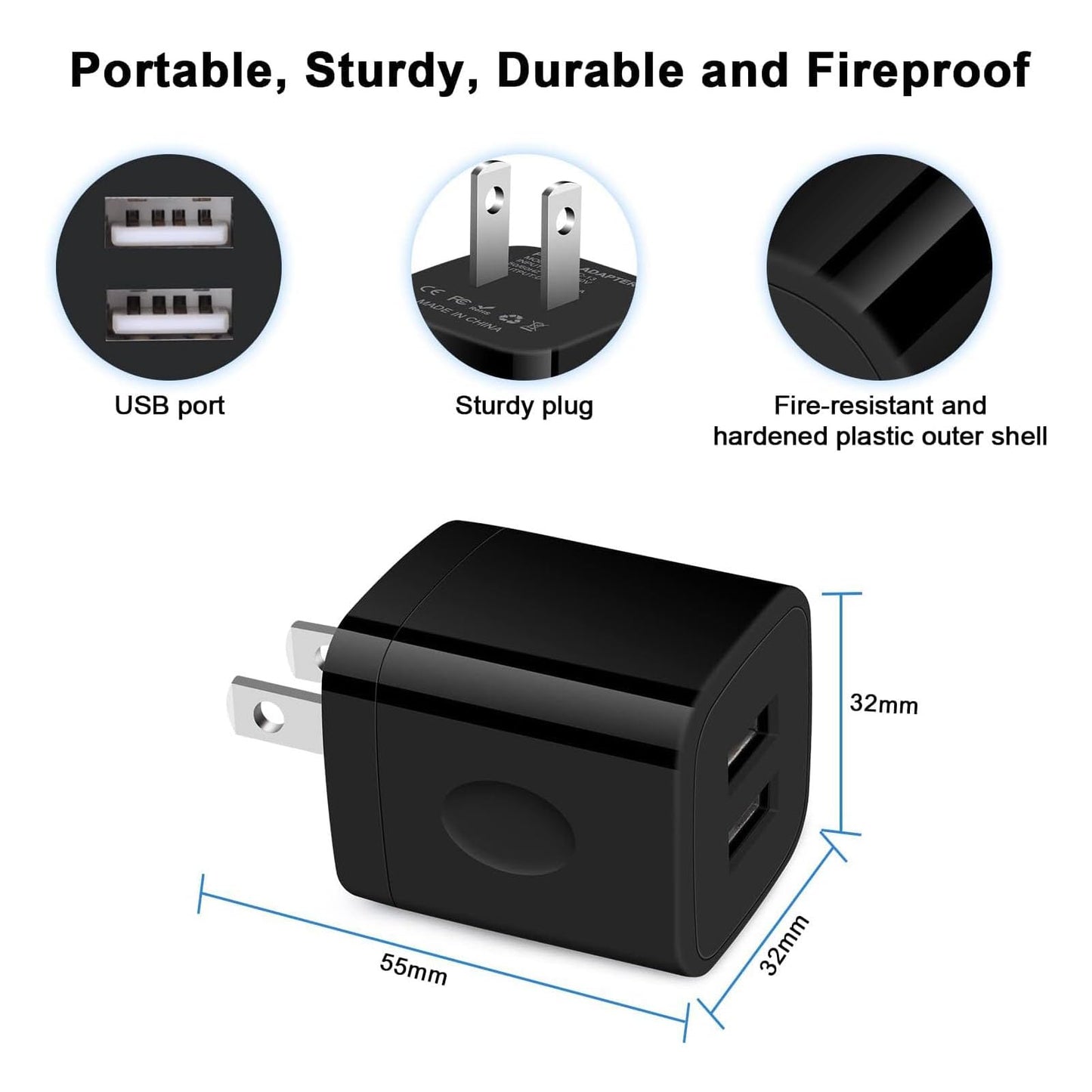 Black USB Wall Adapter, Charging Block, 3Pack Dual Port 2.1A Fast Wall Charger Brick Base Cube USB Plug Outlet Phone Charger Box for iPhone 16e 16 Pro