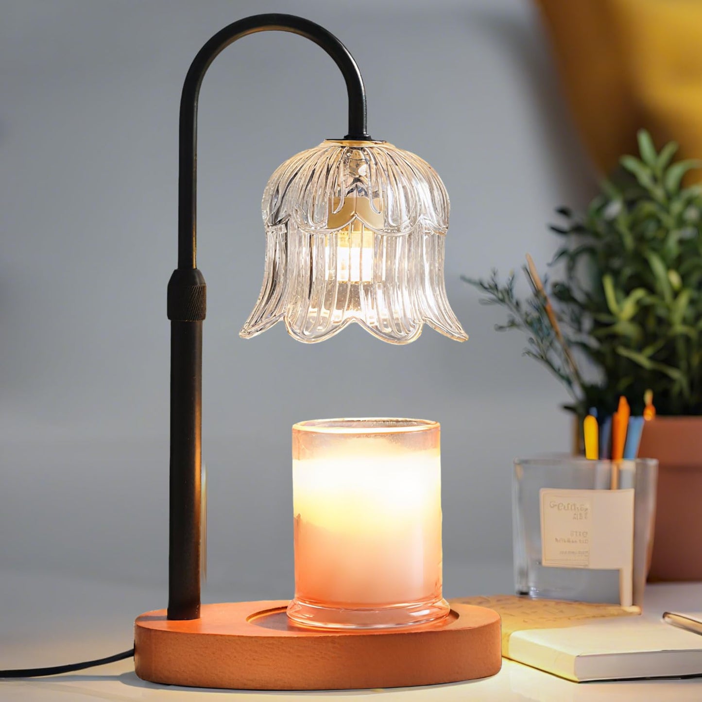 Candle Warmer Lamp with Timer: Adjustable Dimmable Height Adjustable - Flower Shape Wax Lamp Jar Candles Modern Home Decor Table Lights Glass