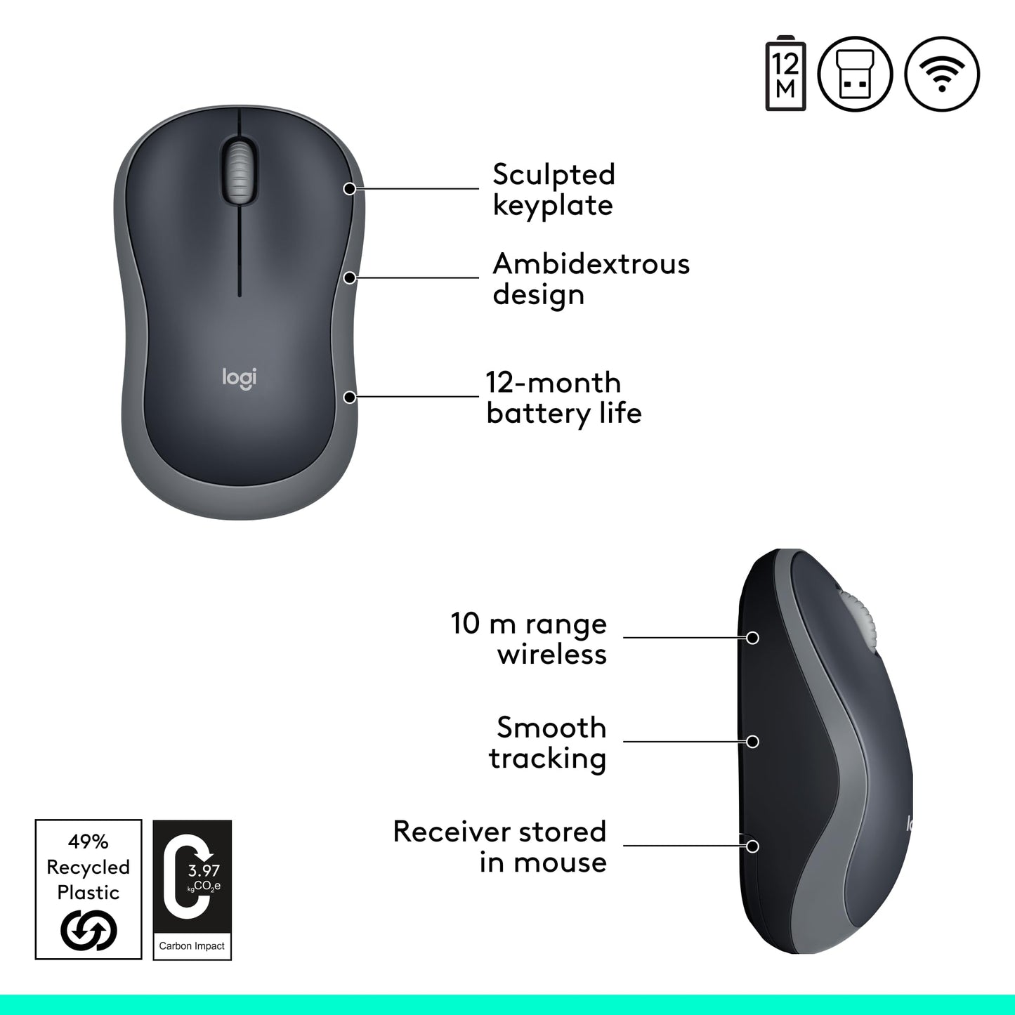Logitech M185 Wireless Mouse, 2.4GHz with USB Mini Receiver, 12-Month Battery Life, 1000 DPI Optical Tracking, Ambidextrous PC/Mac/Laptop - Swift Grey