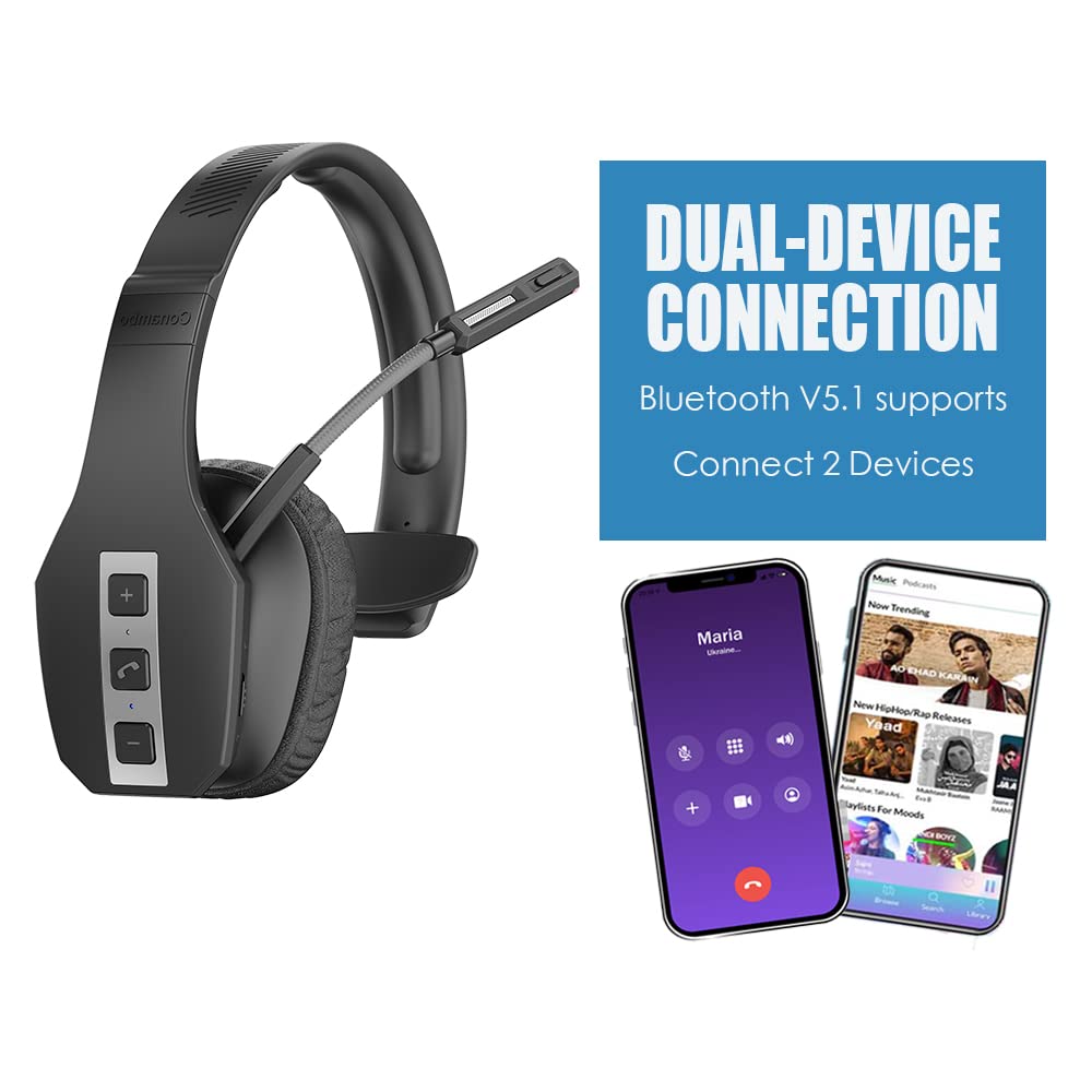 Conambo Trucker Bluetooth Headset with CVC8.0 Three Microphone Noise Cancelling 35Hrs HD Talktime Wireless Handsfree Headset with Mute Button