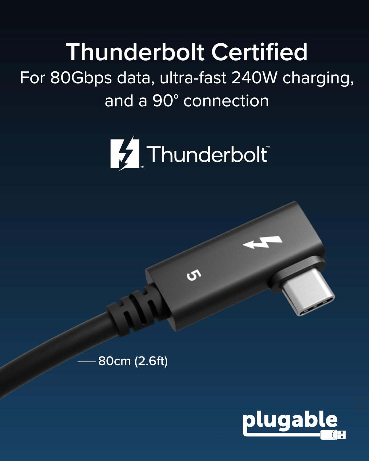 Plugable Thunderbolt 5 Cable Right Angle 80Gbps 240W Charging