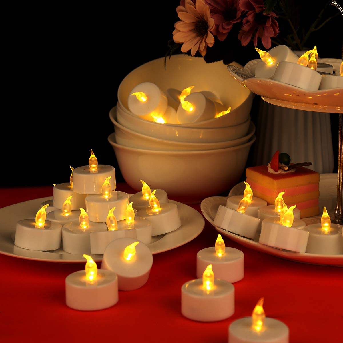 JUNPEI 50Pack Battery Tea Lights Candles- LED Tea Lights Realistic Bright Flickering Holiday Gift Operated Flameless LED Tea Light for Seasonal