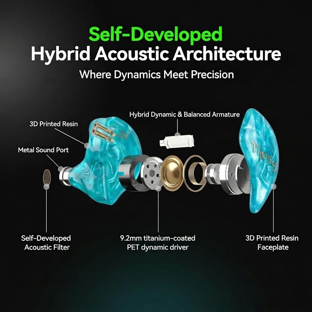 TipsyAuthen Tipsy M3 Professional IEM for Musicians, 2BA + 1DD Drivers, 36dB PNC, IPX5, Acoustic-Runway™ Technology, Skin-Friendly Resin, Detachable