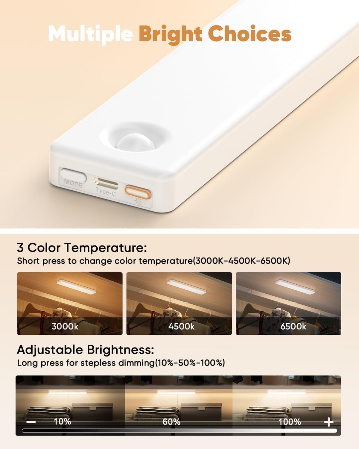 Under Cabinet Lighting, 3 Color Temperatures Motion Sensor Light Indoor 2 Pack, USB Rechargeable Battery Operated Closet Lights, Wireless Dimmable LED