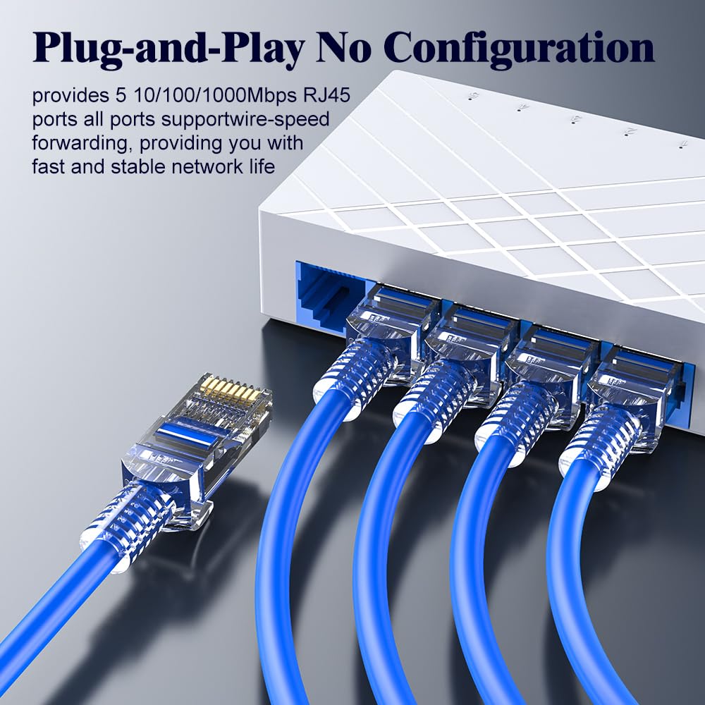 5 Port Gigabit Ethernet Switch Unmanaged - Desktop Network Switch with Plug & Play, Fanless Design for Home Office, Gaming, Streaming - Ethernet