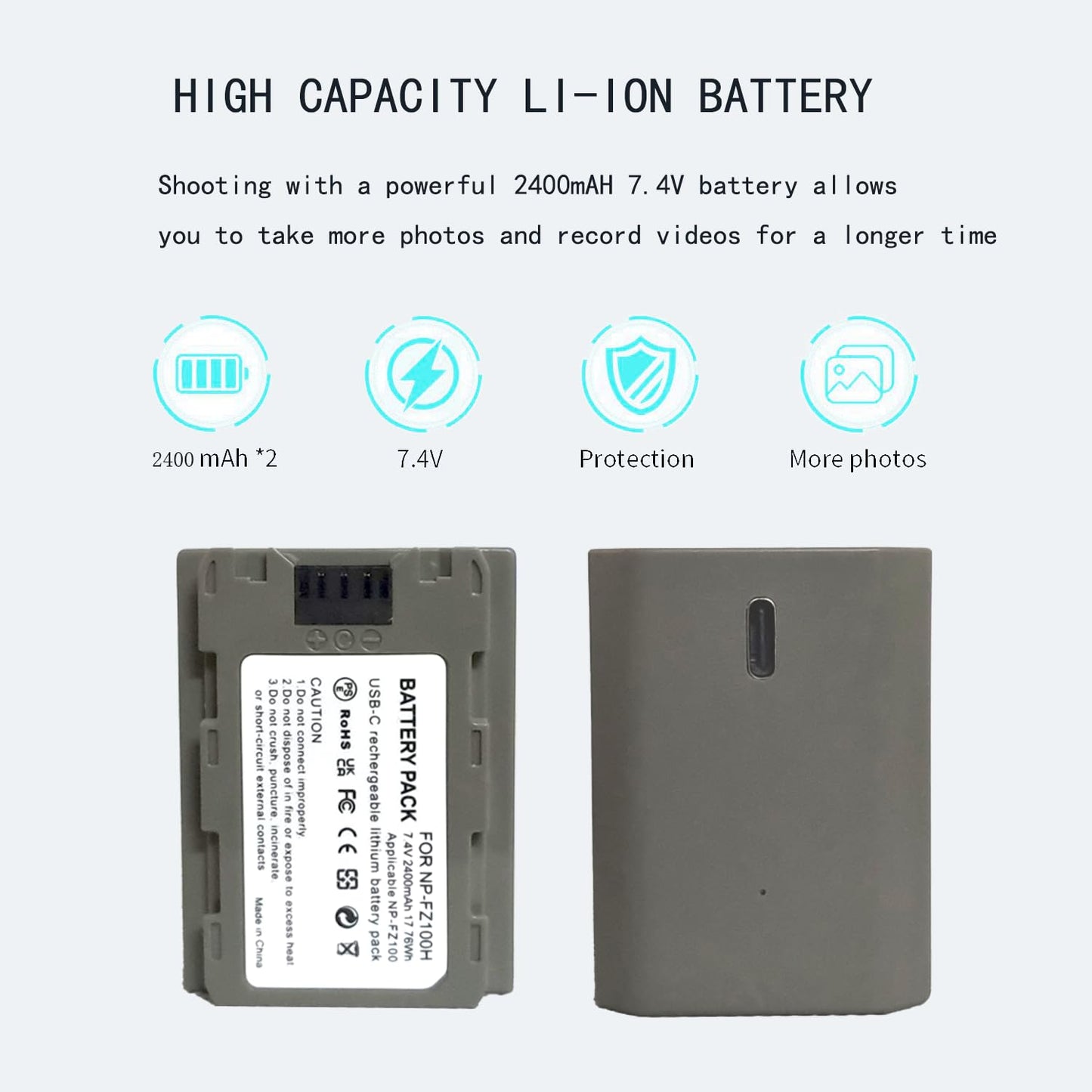 Focruzom NP-FZ100 2400mAh Replacement Battery for A7R V A7S III A7 IV, USB C Charging Cable, Compatible with ZV-E1, FX3, FX30, A1, A9,A9 II, A6600