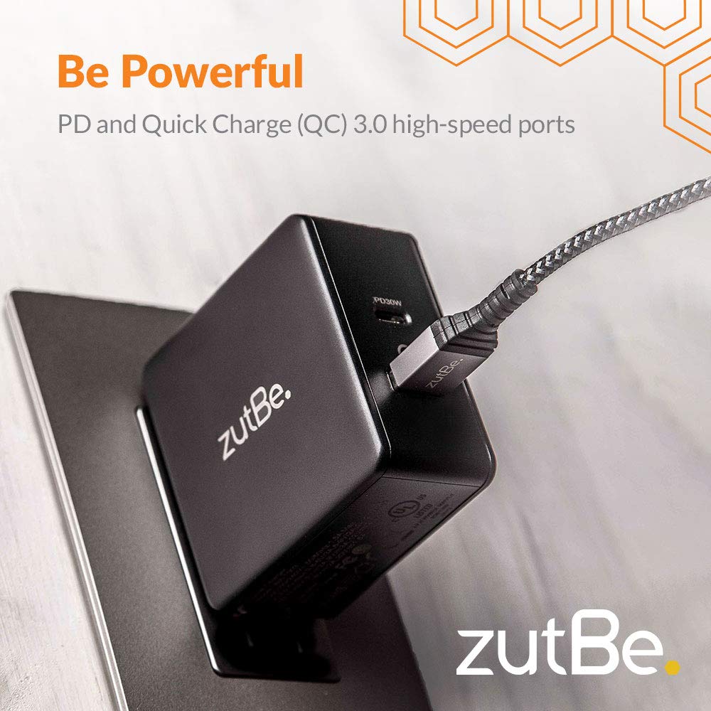 zutBe USB-C PD and USB-A QC 3.0, 48W Foldable Travel Charger for iPhone15 14 13 12 Pro ProMAx iPad Pro Pixel Samsung Galaxy S10 S20 Tab Switch [Be