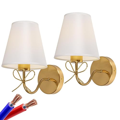 Mesuz Antique Brass Wall Sconces Set of Two, Bow Sconces Decor Gold Wall Lights Brass Brushed Gold Sconce with Fabric Shade, E26 110V Hardwired Wall