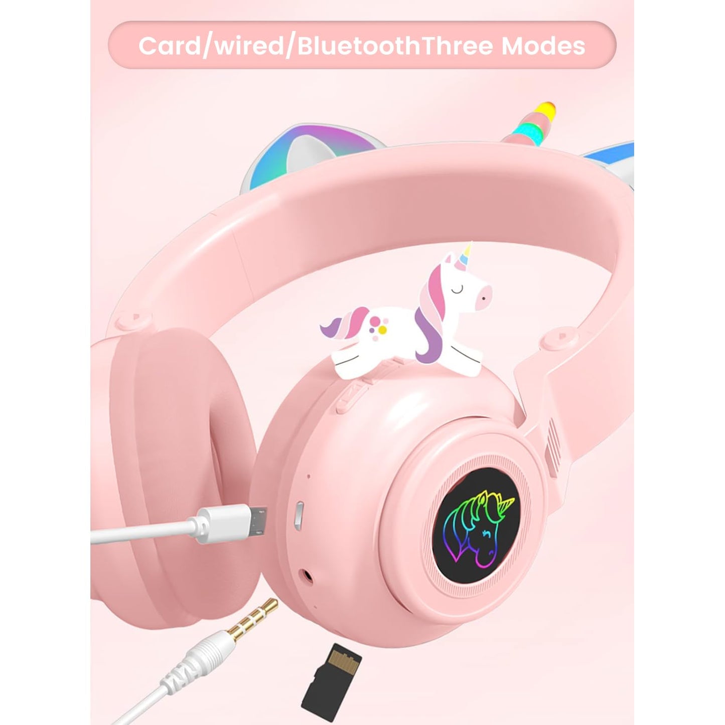 KERHAND Unicorn Kids Bluetooth Headphones, Wireless, Safe Volume, LED, Pink