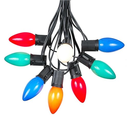 Novelty Lights Multi Hanging Ceramic Christmas String Lights - Retro Fit Traditional C9 Indoor/Outdoor Light Set w/ 25 Mini Bulbs for Roof Lines