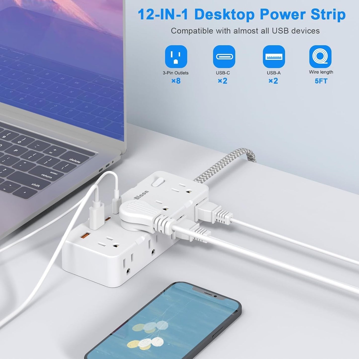 Power Strip Surge Protector - Multi Plug Outlet Adapter with 8 Widely Outlets & 4 USB Ports (2 USB-C), 5FT Extension Cord 45 ° Ultra Thin Flat Plug