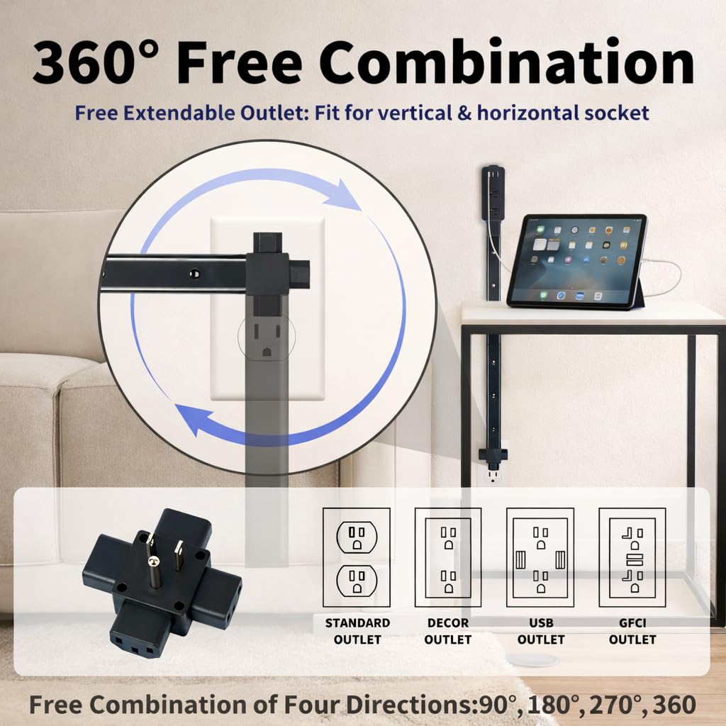 Hard-to-Reach Outlet Extender Stick, Extendable 8.3-36.1 in Slim Wall Outlet Extender with 2 AC Outlets, 2 USB-A & 1 USB-C, Low-Profile Power Stick