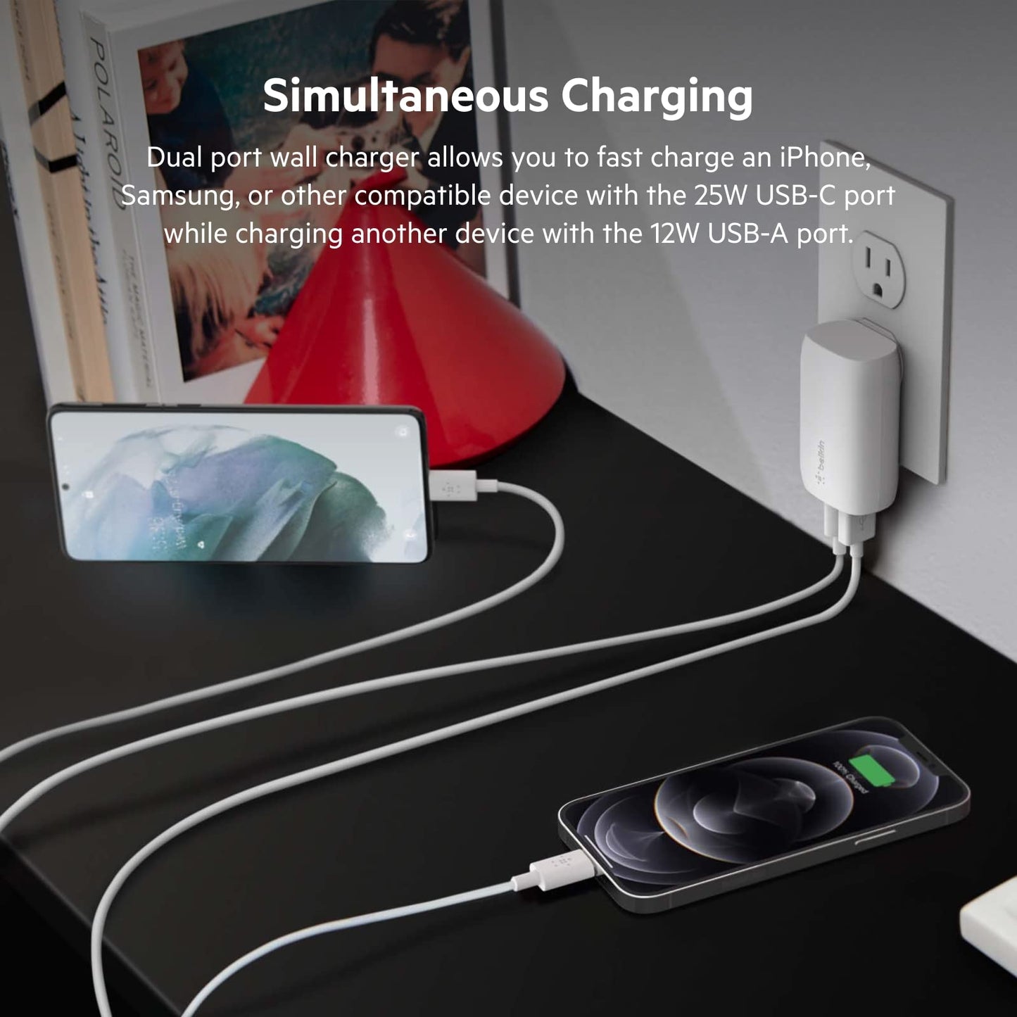 Belkin USB C Charger Block 37W - 25W USB-C Port + 12W USB-A Port for PPS Charging Apple iPhone 17, Air, Pro, Pro Max, AirPods, Samsung Galaxy S25