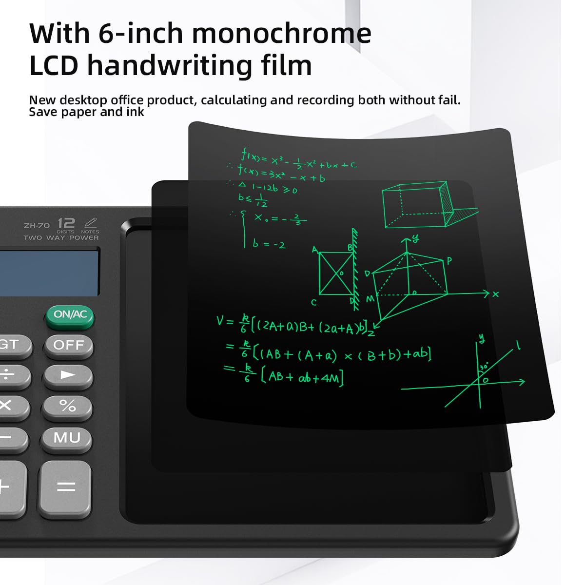 Desk Calculator with Erasable Writing Pad, 12-Digit Wide Screen Display, 100,000+ Reusable LCD Notepad, One-Click Clear & Lock Function, Solar