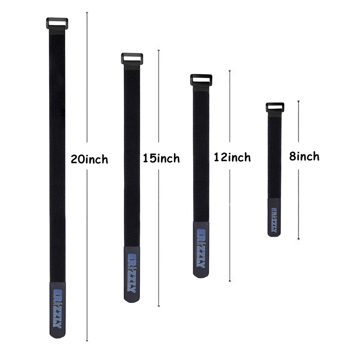 Officewerks Reusable Fastening Cable Straps and Ties, Variety Sizes (8"-12"-15"-20") Assorted 12 Pack, Black Nylon, Adjustable Multi-Purpose Hook