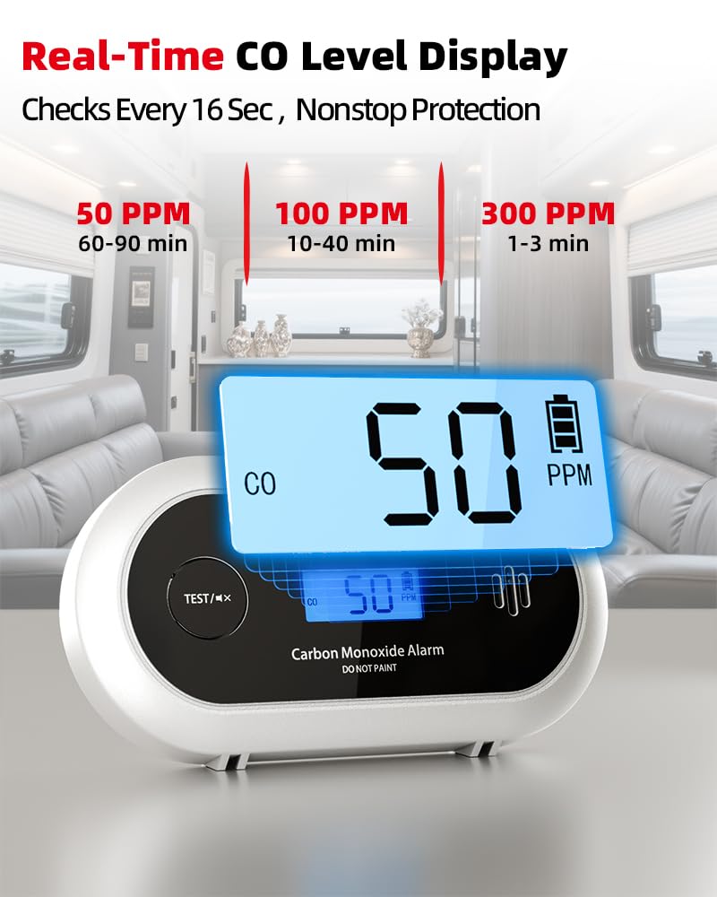KIMROG 10-Year Battery Carbon Monoxide Detector, Portable Travel CO Detector Alarm for Home, Garage, RV, Camping, LCD Display with Backlight, V-0