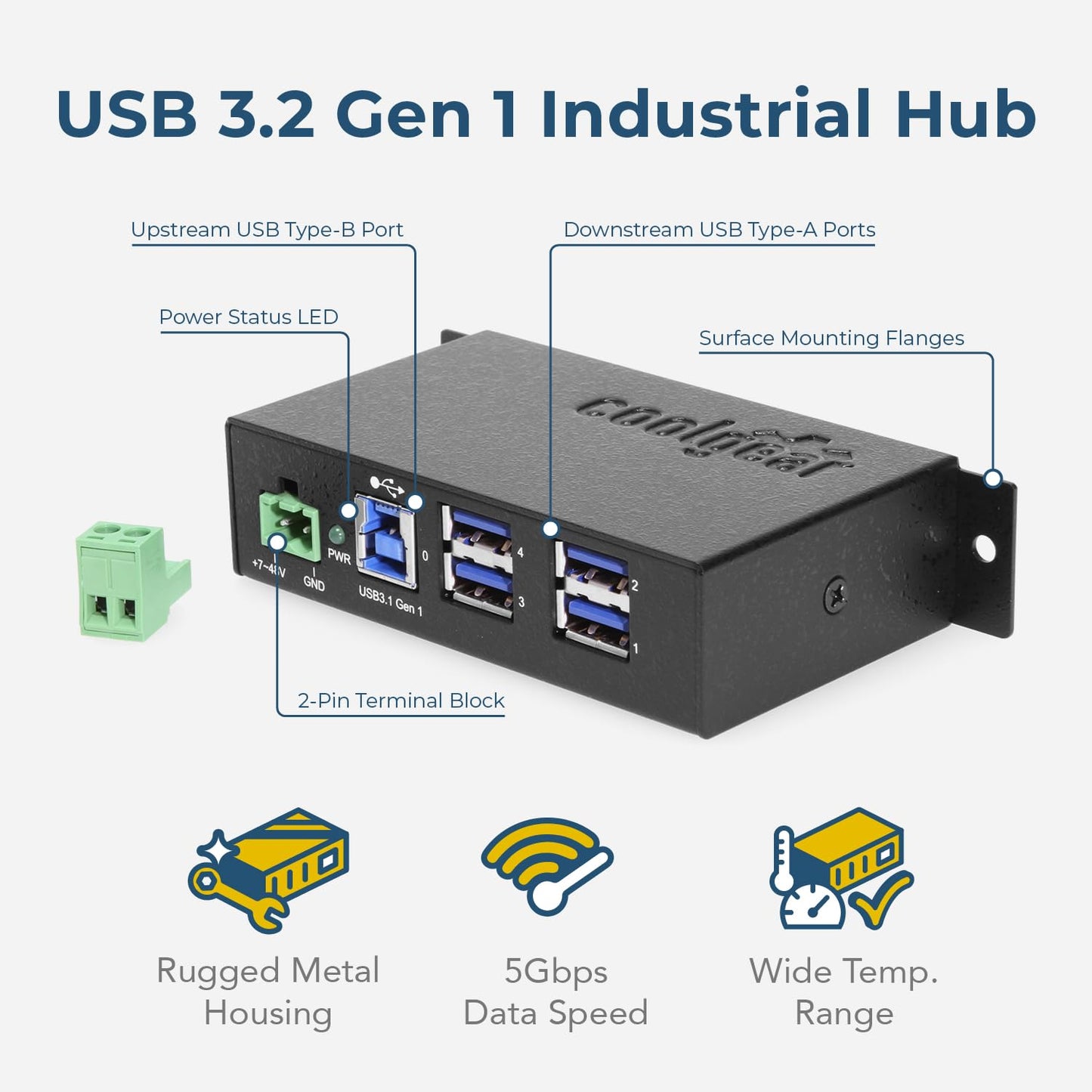 Coolgear Industrial 4 Port USB 3.0 Powered Hub, 5Gbps Speeds, Metal Housing, 7-48V DC Input, Wall and DIN-Rail Mountable, ESD Surge Protection - PC…