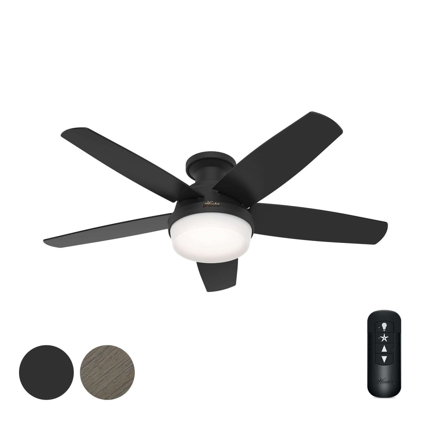 Hunter Fan 48 Inch Black Indoor Ceiling Fan with Light, Low Profile Ceiling Fan with Remote for Bedroom, Living Room, Dining Room, Kitchen, Office
