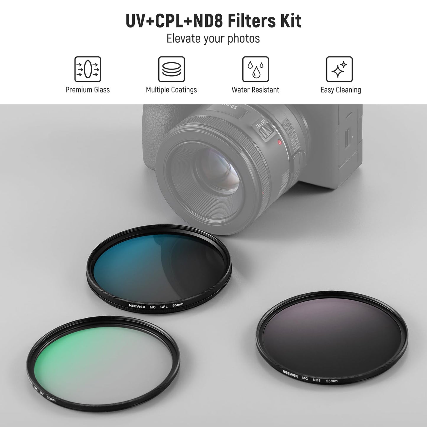 NEEWER 55mm UV CPL ND Lens Filter Kit, UV Protection + Circular Polarizing + Neutral Density (ND8) Camera Lens Filter Set with Multicoated Optical