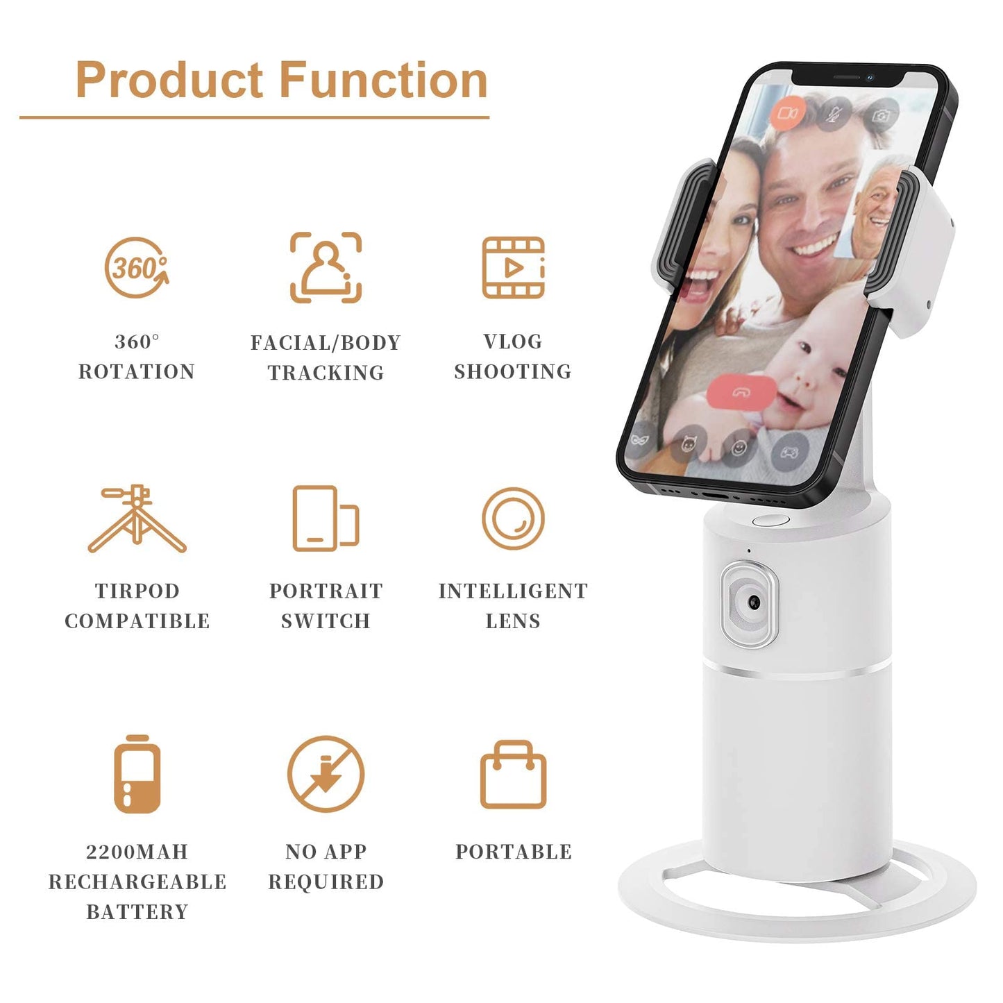 Auto Tracking Phone Holder,360° Rotation Face Body Track Mount,Tracking Tripod for Vlog Shooting Live Streaming,Build-in Battery,No APP