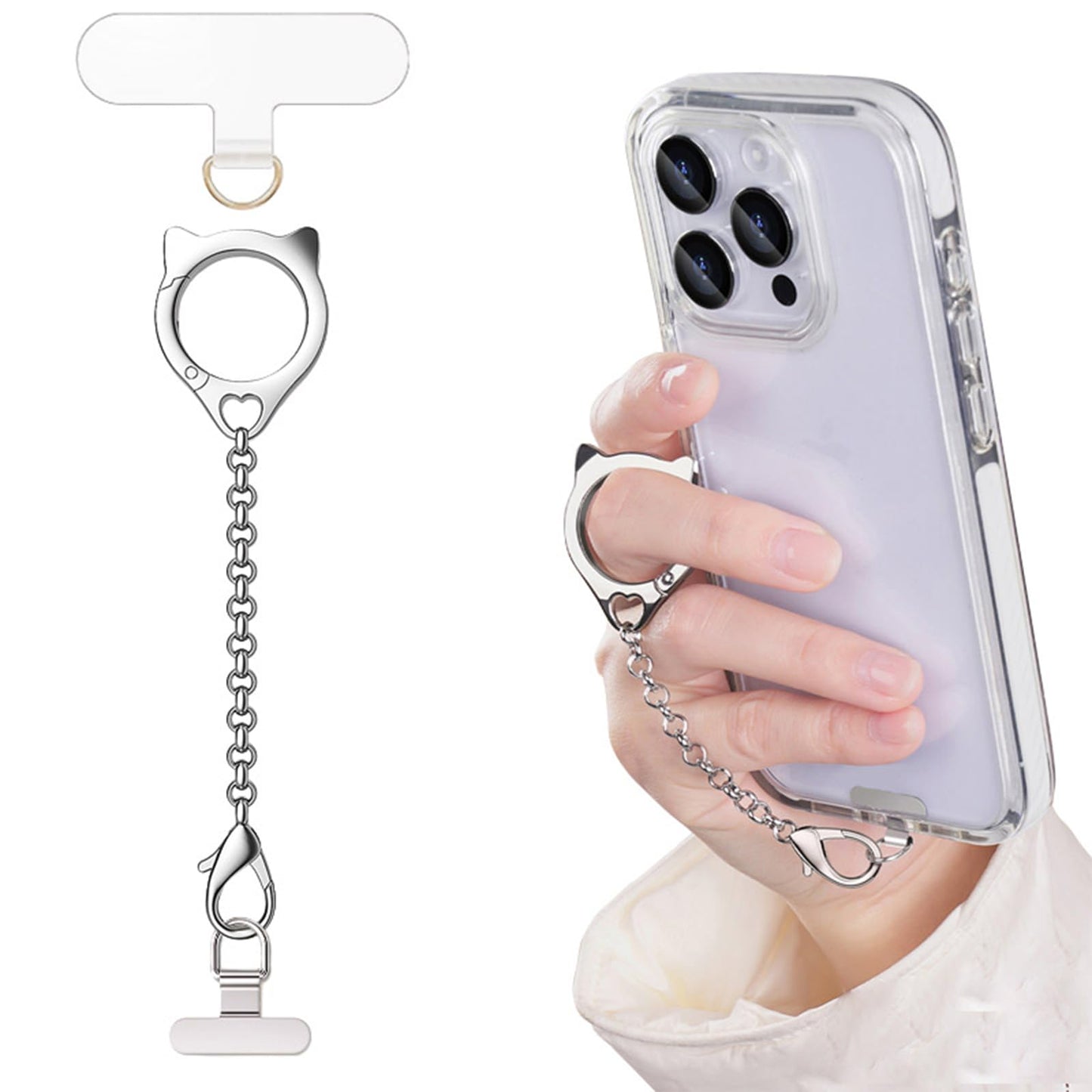 Metal Cat Head Phone Finger Grip Ring Chain Lanyard Keychain Holder Heavy Duty 5KG Capacity Anti-Loss Strap Anti Theft for All Phones Keys Earbuds USB
