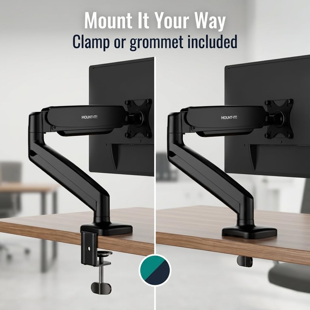 Mount-It! Single Monitor Arm Desk Mount, Gas Spring Monitor Mount, Fits 13-32" Screens up to 17.6 lbs, VESA 75x75 & 100x100, Full Motion Tilt Swivel