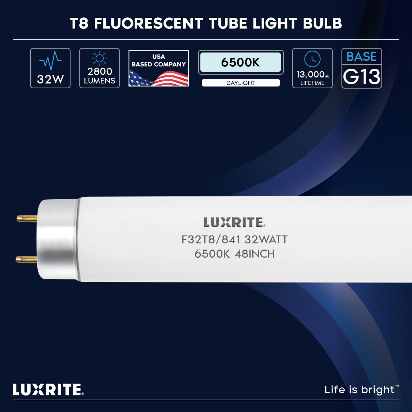 LUXRITE F32T8/865 32W 48 Inch T8 Fluorescent Tube Light Bulb, 6500K Daylight, 2800 Lumens, G13 Medium Bi-Pin Base, LR20735, 4-Pack