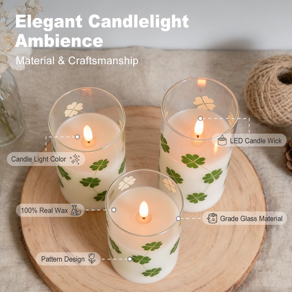 LEDHOLYT Rechargeable Flameless Four-Leaf Clover Glass Candles, Real Wax Candles Warm Color Flickering Light with Remote and Timer,Festival Home Decor