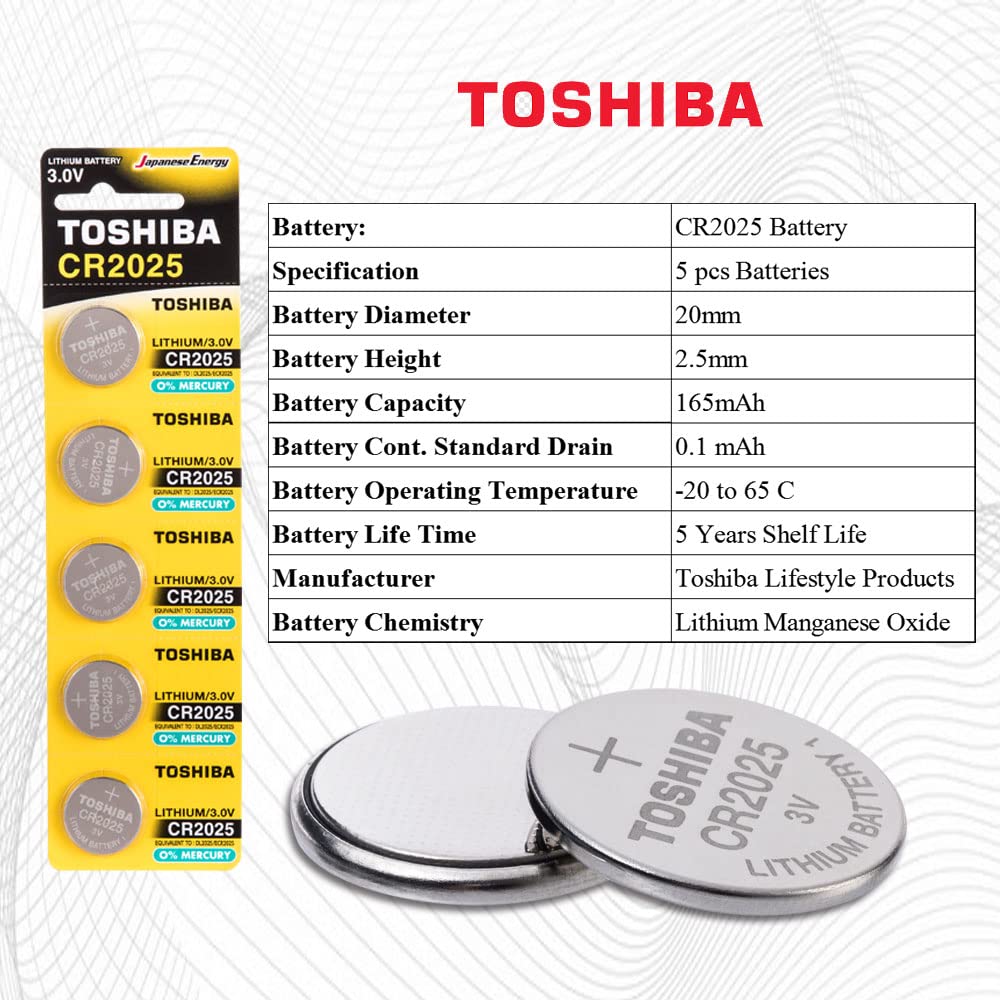 TOSHIBA CR2025 3V Lithium Coin Cell Battery Pack of 5