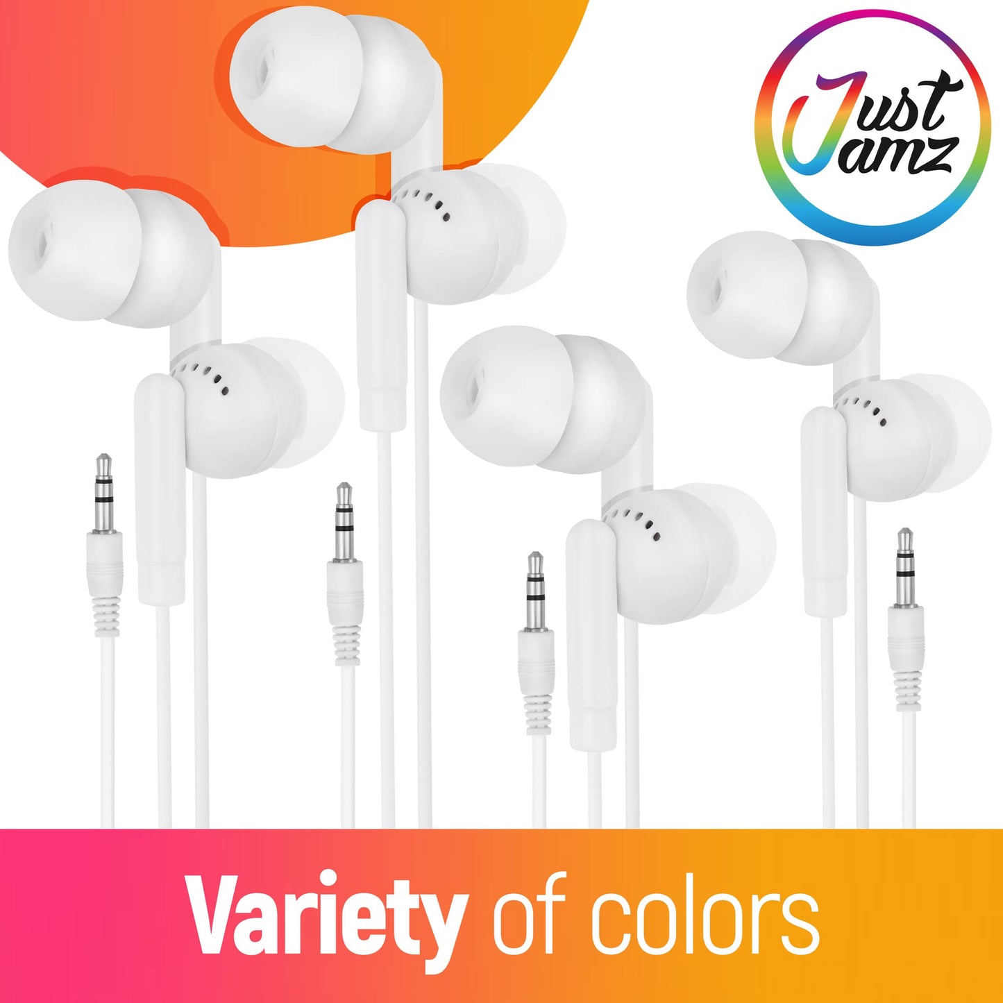JustJamz Pearl White Bulk Headphones 100 Pack - Wired Earbuds Bulk for Classroom, Schools, and Students - Disposable Ear Buds for Kids and Adults