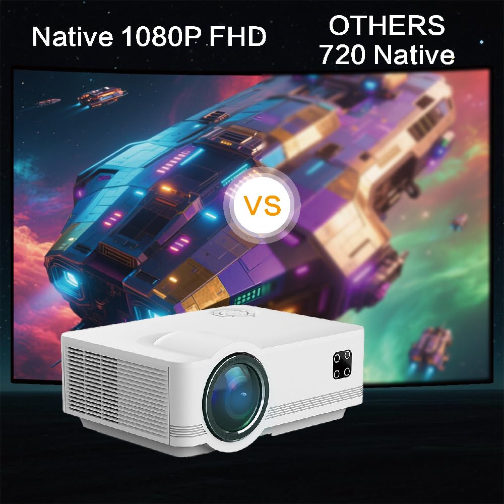 Android Projector Small Projector Native 1080P Auto Keystone Electric Focus Function Simple Operation Projector for Camping, Bedroom, Backyard, Office